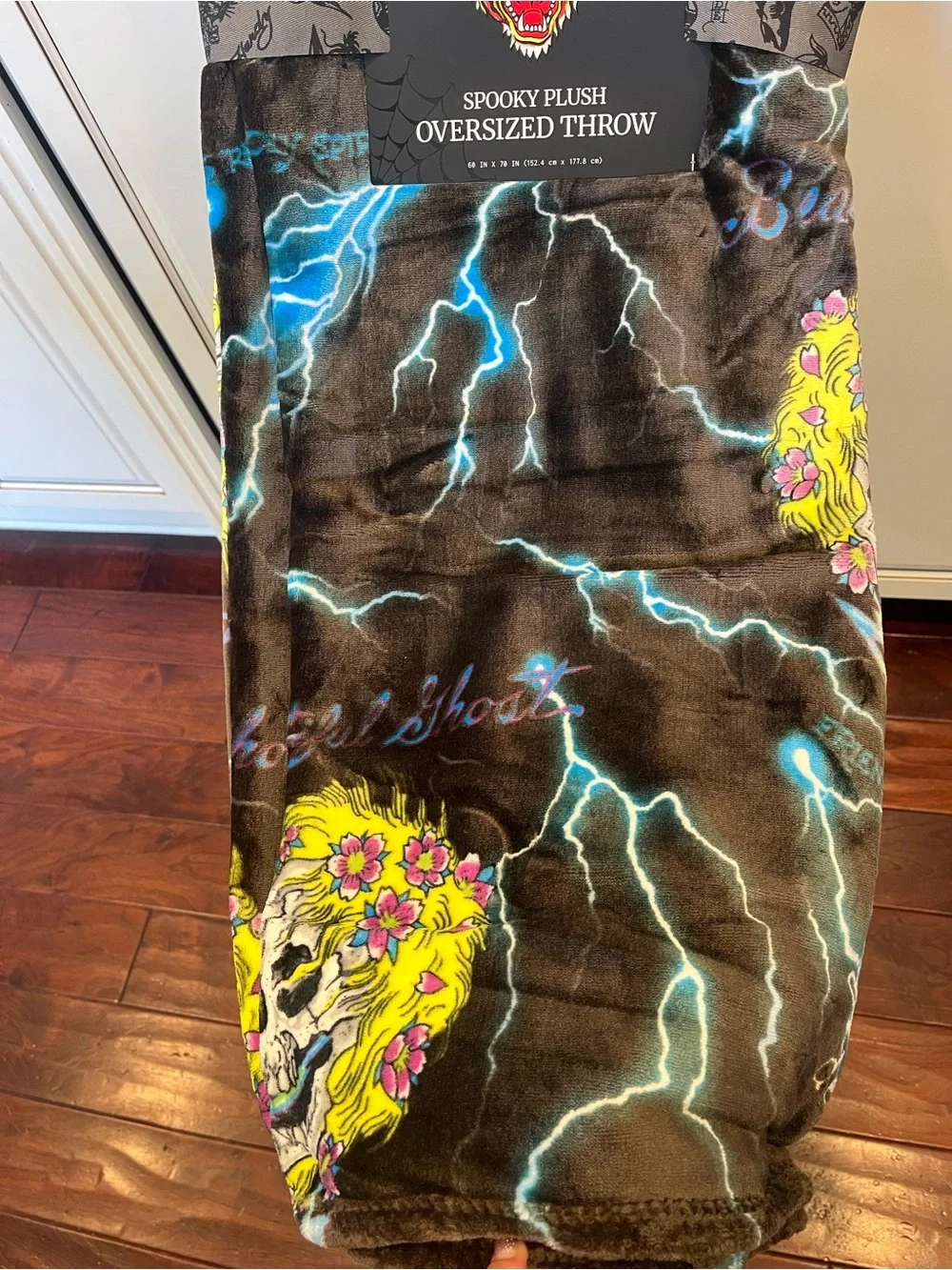 Ed Hardy Halloween Spooky Plush Oversized Throw Blanket - Skull & Lightning